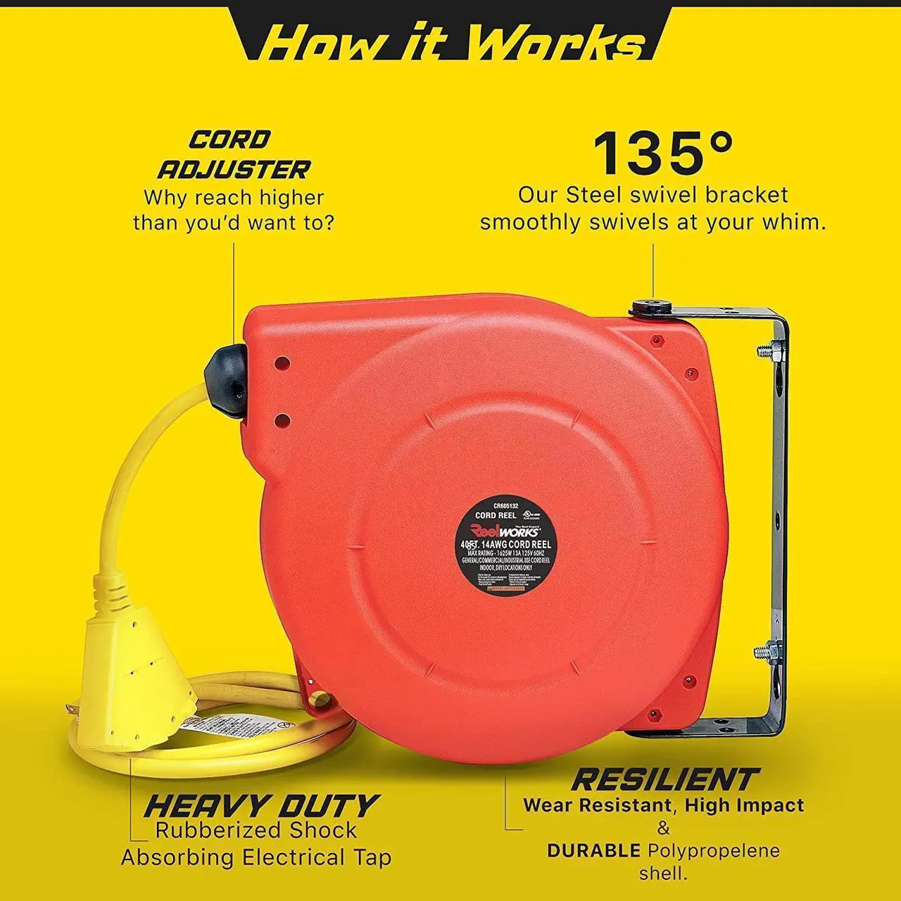 Alt view image 3 of 6 - reelworks extension cord reel retractable, 14awg x 40' ft 3c sjt, wall mount kit, 3 outlet/triple tap connector