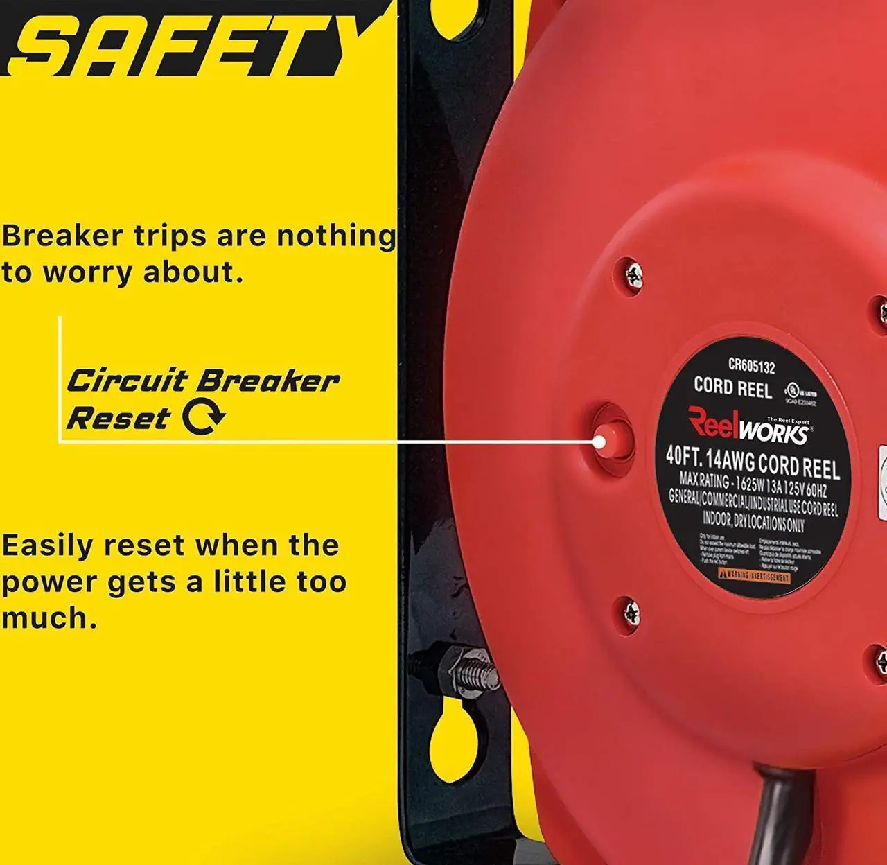 Alt view image 5 of 6 - reelworks extension cord reel retractable, 14awg x 40' ft 3c sjt, wall mount kit, 3 outlet/triple tap connector