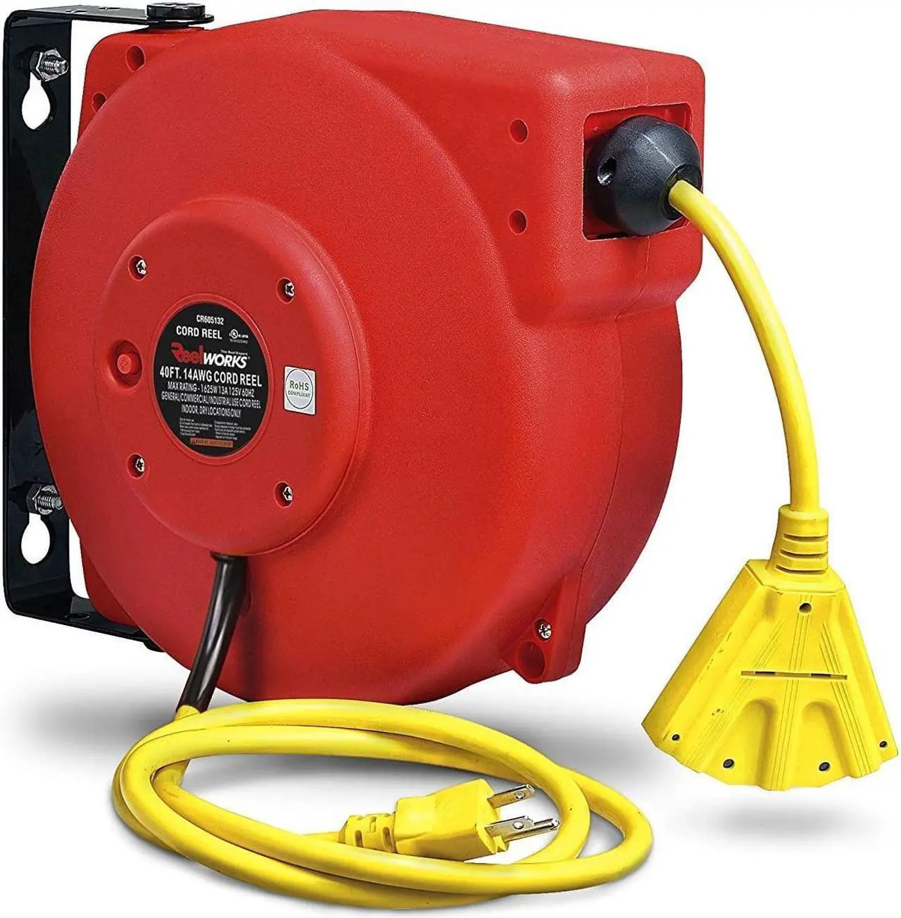 Alt view image 2 of 6 - reelworks extension cord reel retractable, 14awg x 40' ft 3c sjt, wall mount kit, 3 outlet/triple tap connector