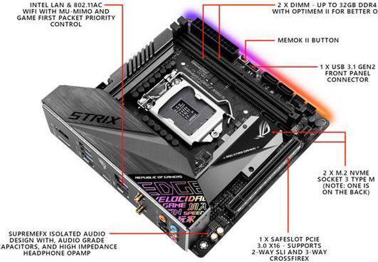 Alt view image 5 of 6 - ASUS ROG Strix Z390-I Gaming Motherboard LGA1151 (Intel 8th and 9th Gen) Mini ITX (mITX) DDR4 DP HDMI M.2 USB 3.1 Gen2 Onboard 802.11 ac Wi-Fi