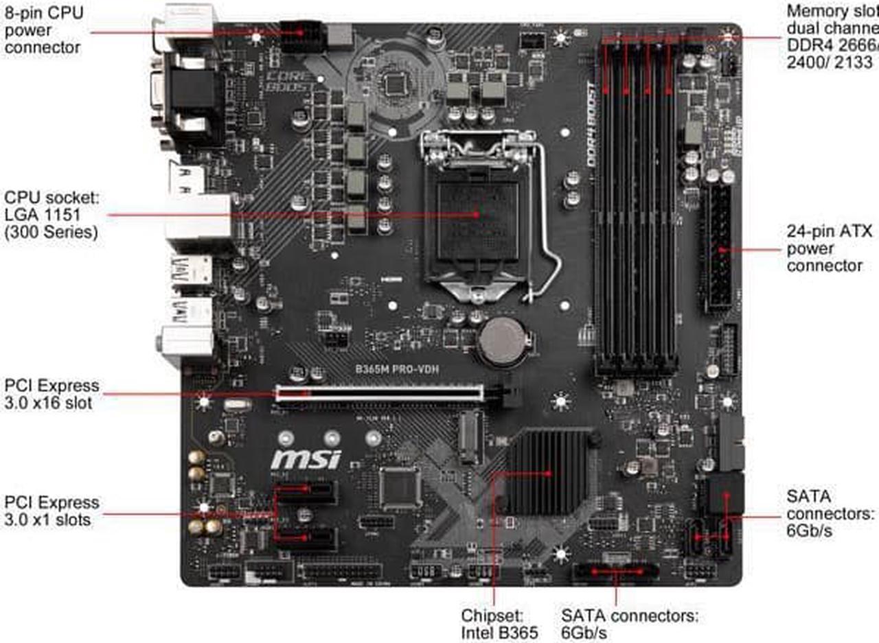 Alt view image 2 of 7 - MSI PRO B365M PRO-VDH LGA 1151 (300 Series) Intel B365 SATA 6Gb/s Micro ATX Intel Motherboard