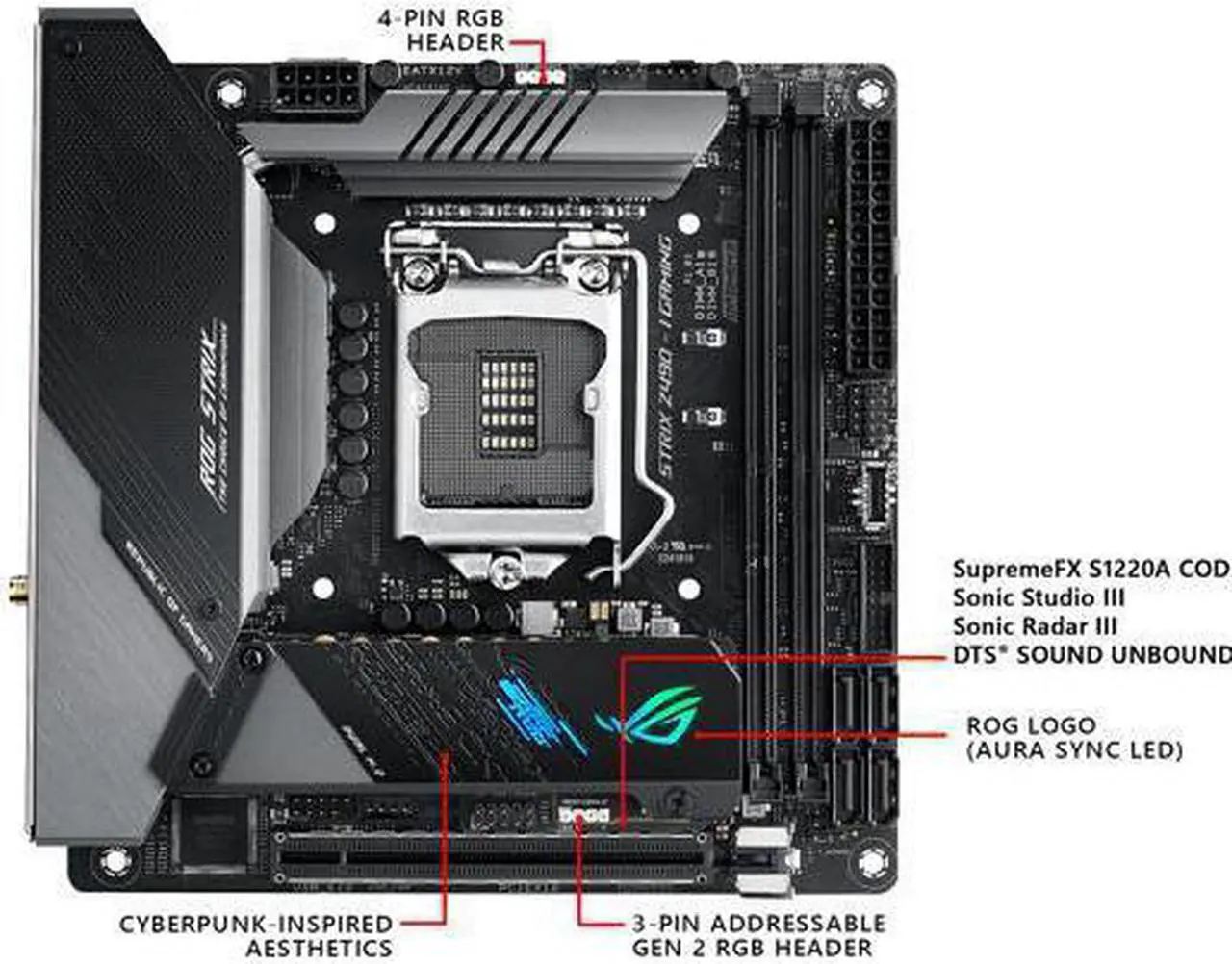 Alt view image 2 of 6 - ASUS ROG STRIX Z490-I GAMING (WiFi 6) LGA 1200 (Intel 10th Gen) Intel Z490 SATA 6Gb/s Mini ITX Intel Motherboard (8+2 Power Stages, DDR4 4800, Intel 2.5Gb Ethernet, USB 3.2 Front Panel Type-C, HDMI 2.