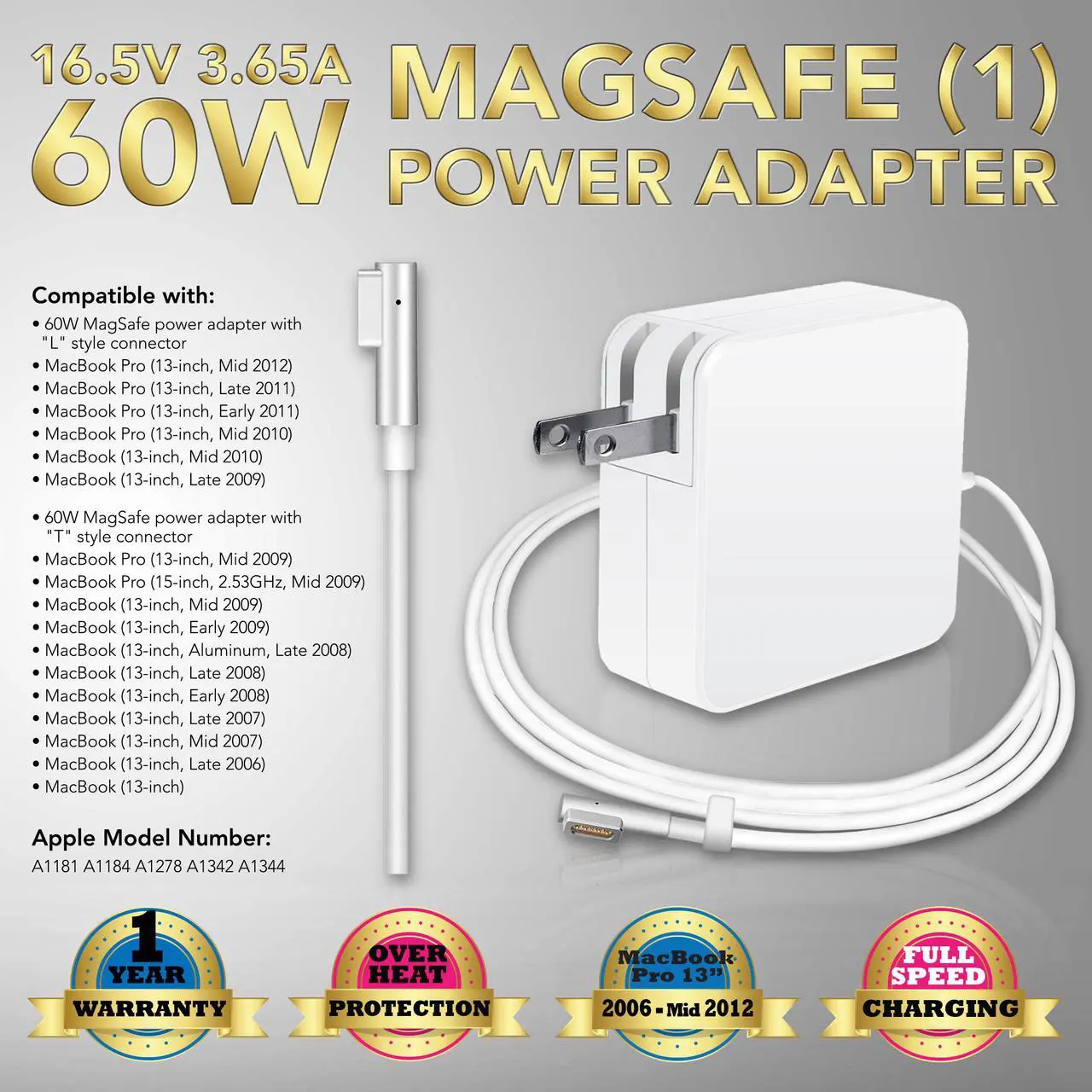 Main image of New 60W AC Power Adapter Charger for 2007 2008 2009 2010 2011 Apple Macbook Pro 13" A1344 A1278 (ZA-APPLE-60W)
