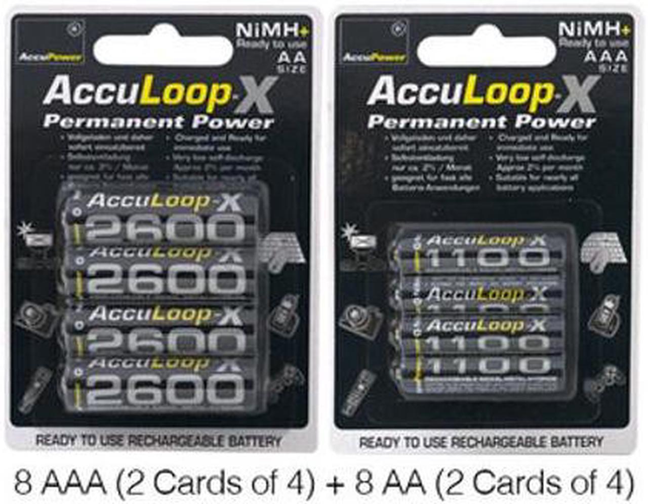 8 x AAA (1100 mAh) + 8 x AA (2600 mAh) AccuPower AccuLoop-X NiMH Battery Combo