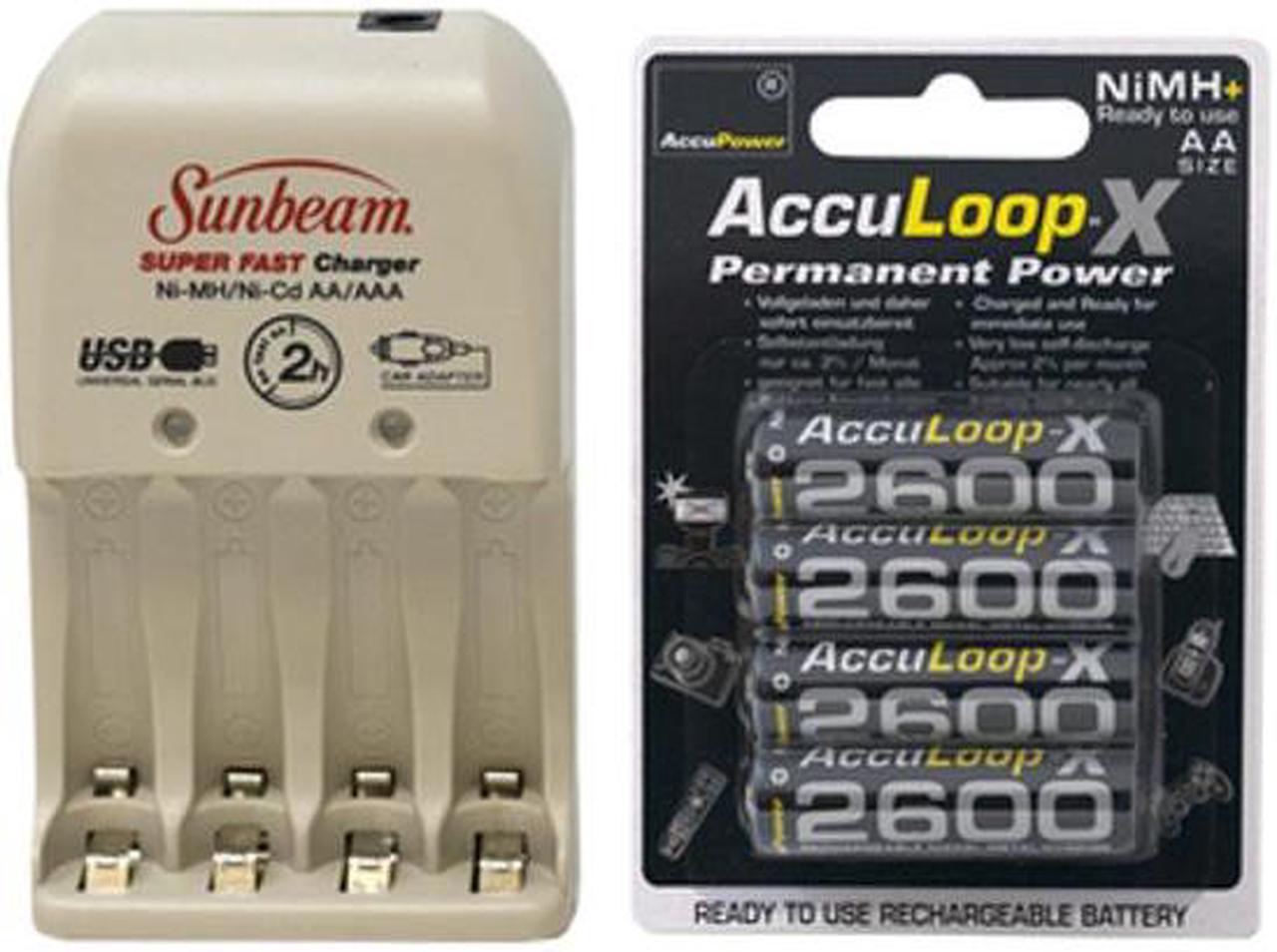 Sunbeam AA / AAA Battery Charger + 4 AA AccuPower AccuLoop-X NiMH Batteries (2600 mAh)