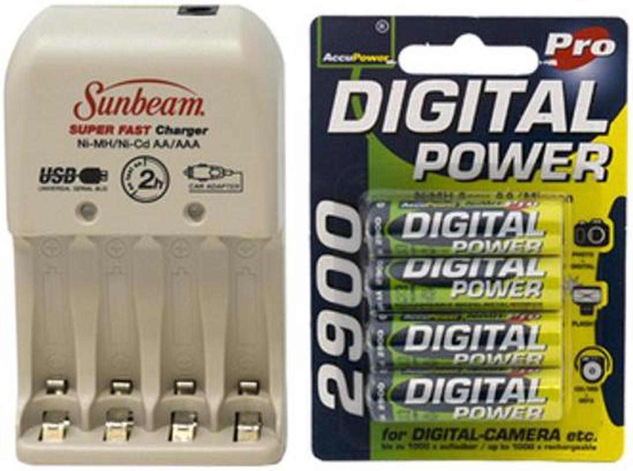 Sunbeam AA / AAA Charger + 4 AA AccuPower NiMH Batteries (2900 mAh)