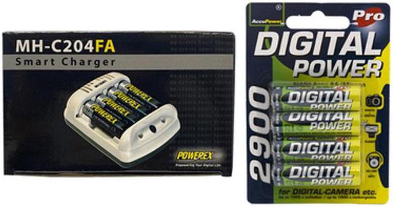 Powerex MH-C204FA AA / AAA Smart Charger & 4 x AA NiMH AccuPower Rechargeable Batteries (2900 mAh)