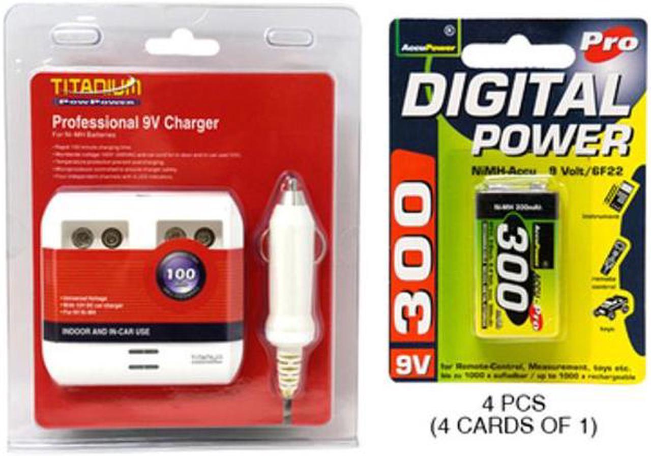 4 Bay 9 Volt Smart Charger + 4 x 9 Volt AccuPower NiMH Batteries (300 mAh)