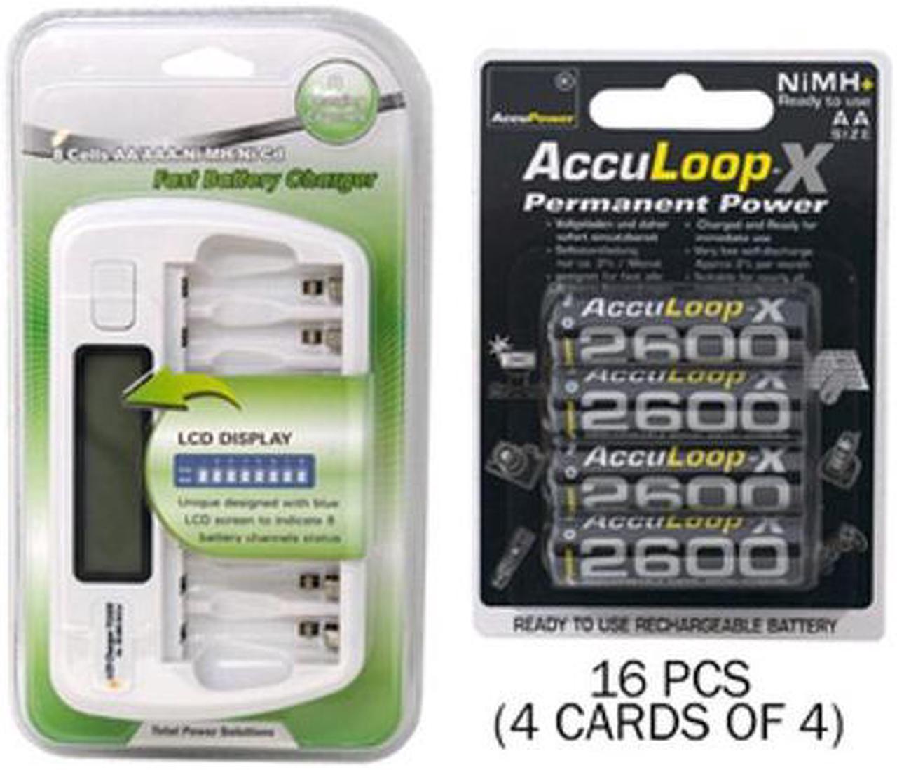 8 Bay AA / AAA LCD Battery Charger + 16 AA 2600 mAh AccuLoop-X NiMH Batteries