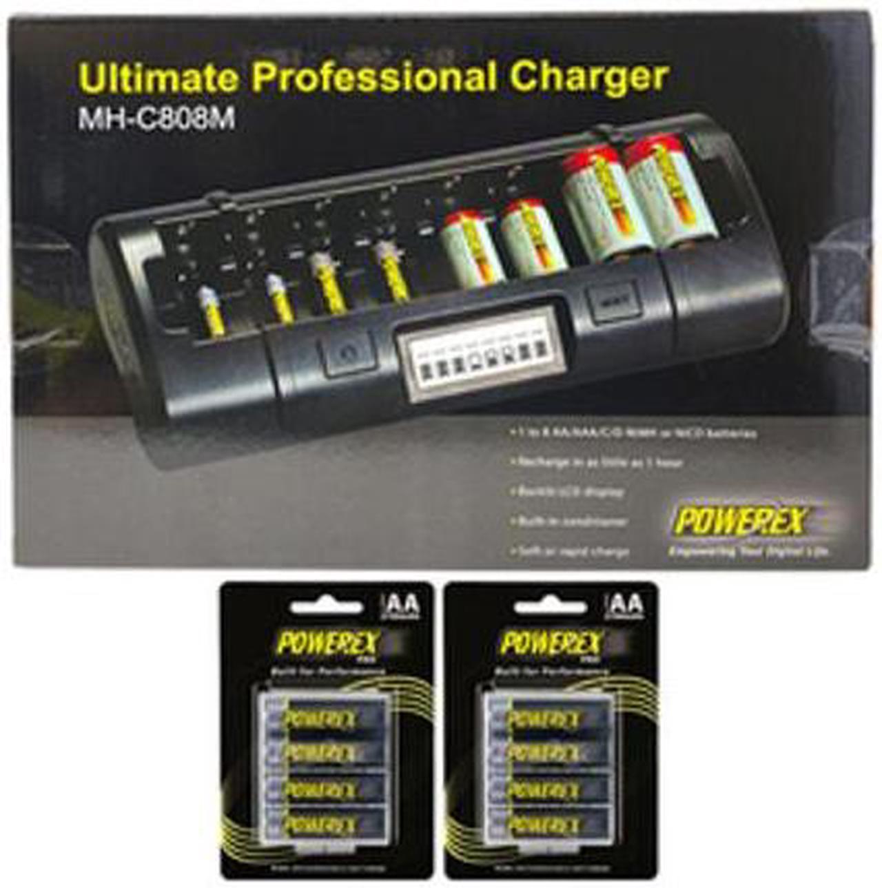 Powerex MH-C808M 8 Bay LCD Charger + 8 AA NiMH Powerex PRO Rechargeable Batteries (2700 mAh) with Battery Case