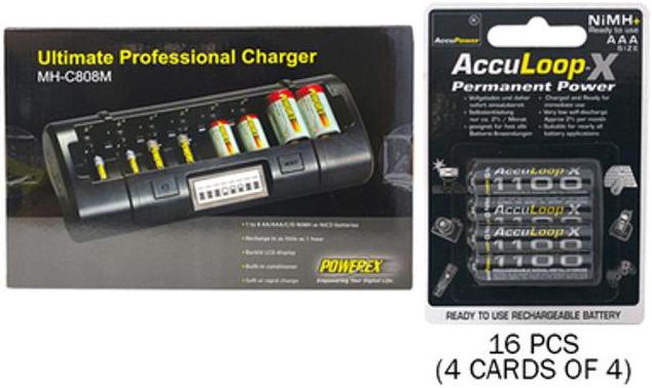 Powerex MH-C808M 8 Bay LCD Charger + 16 AAA AccuPower AccuLoop-X NiMH Batteries (1100 mAh)