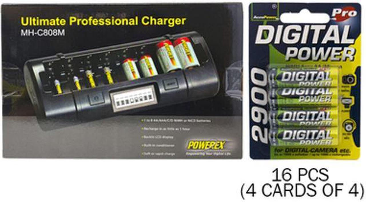 Powerex MH-C808M 8 Bay LCD Charger + 16 AA NiMH AccuPower Batteries (2900 mAh)