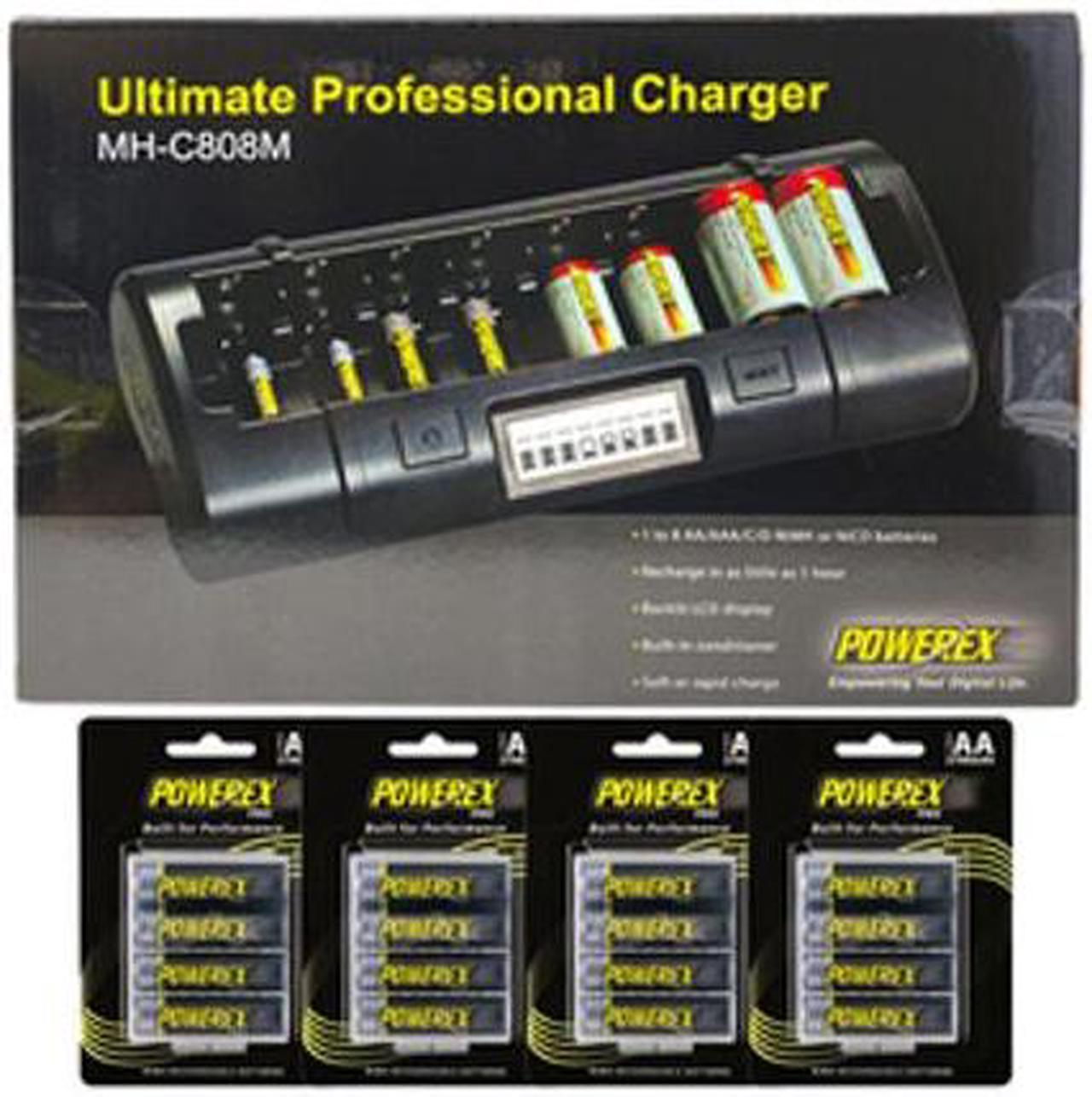 Powerex MH-C808M 8 Bay LCD Charger + 16 AA NiMH Powerex PRO Rechargeable Batteries (2700 mAh) with Battery Case