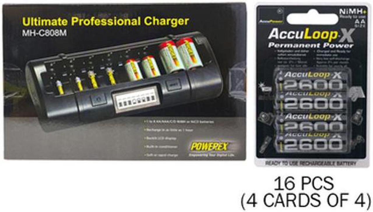 Powerex MH-C808M 8 Bay LCD Charger + 16 AA NiMH AccuPower AccuLoop-X Rechargeable Batteries (2600 mAh)