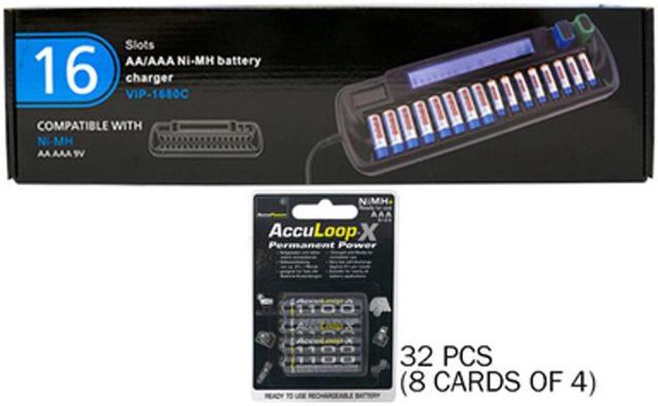 16 Bay AA / AAA LCD Battery Charger + 32 AAA Acculoop-X NiMH Batteries (1100 mAh)