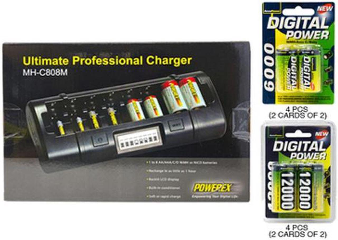 Powerex MH-C808M 8 Bay LCD Charger + 4 C (6000 mAh) + 4 D (12000) AccuPower NiMH Batteries