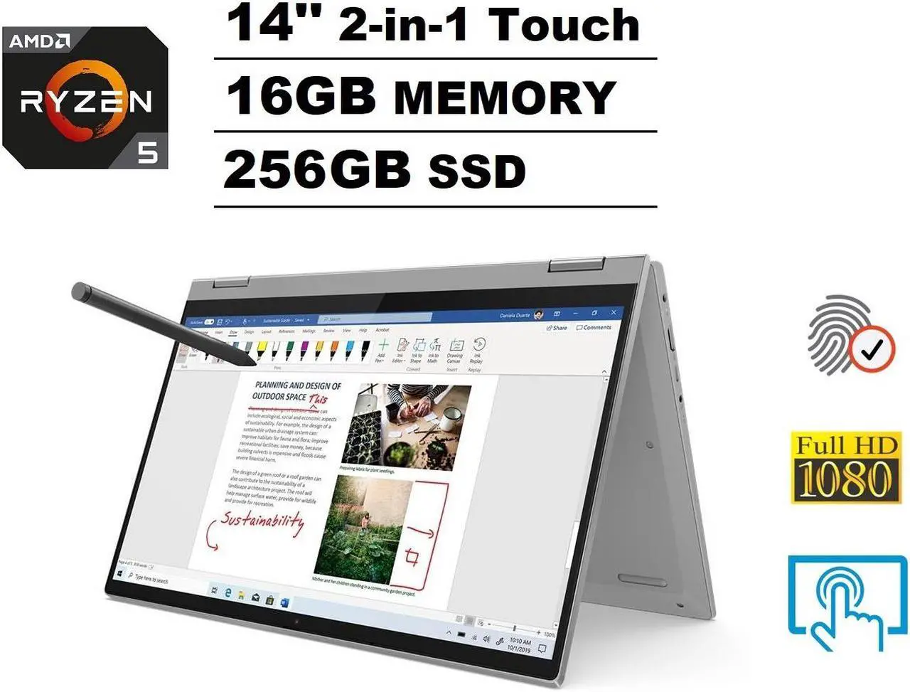 Main image of 2020 Lenovo IdeaPad Flex 5 14" FHD Full HD 1080p IPS 2-in-1 Touch Business Laptop + Active Pen (AMD 6-Core Ryzen 5 4500U, 16GB DDR4 RAM, 256GB PCIe SSD) Backlit, Fingerprint, Webcam, Windows 10 Home