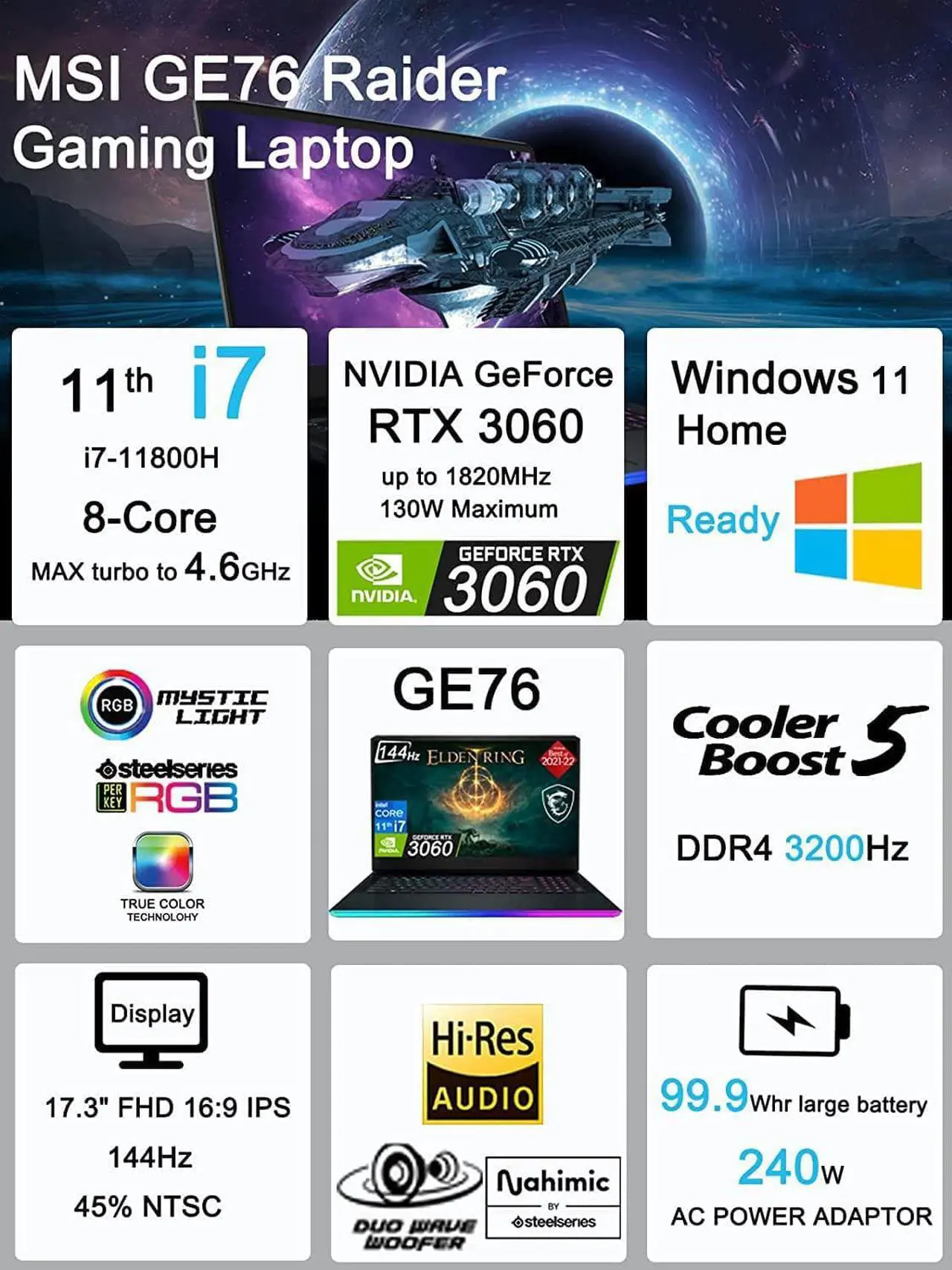 Alt view image 2 of 7 - 2022 MSI GE76 Raider 17.3" 144Hz (32GB RAM, 1TB PCIe SSD, Intel 8-Core i7-11800H, NVIDIA GeForce RTX 3060 6GB) FHD Gaming Laptop, Thunderbolt 4, Webcam, RGB Backlit, Windows 11 Home (11UE-1056)