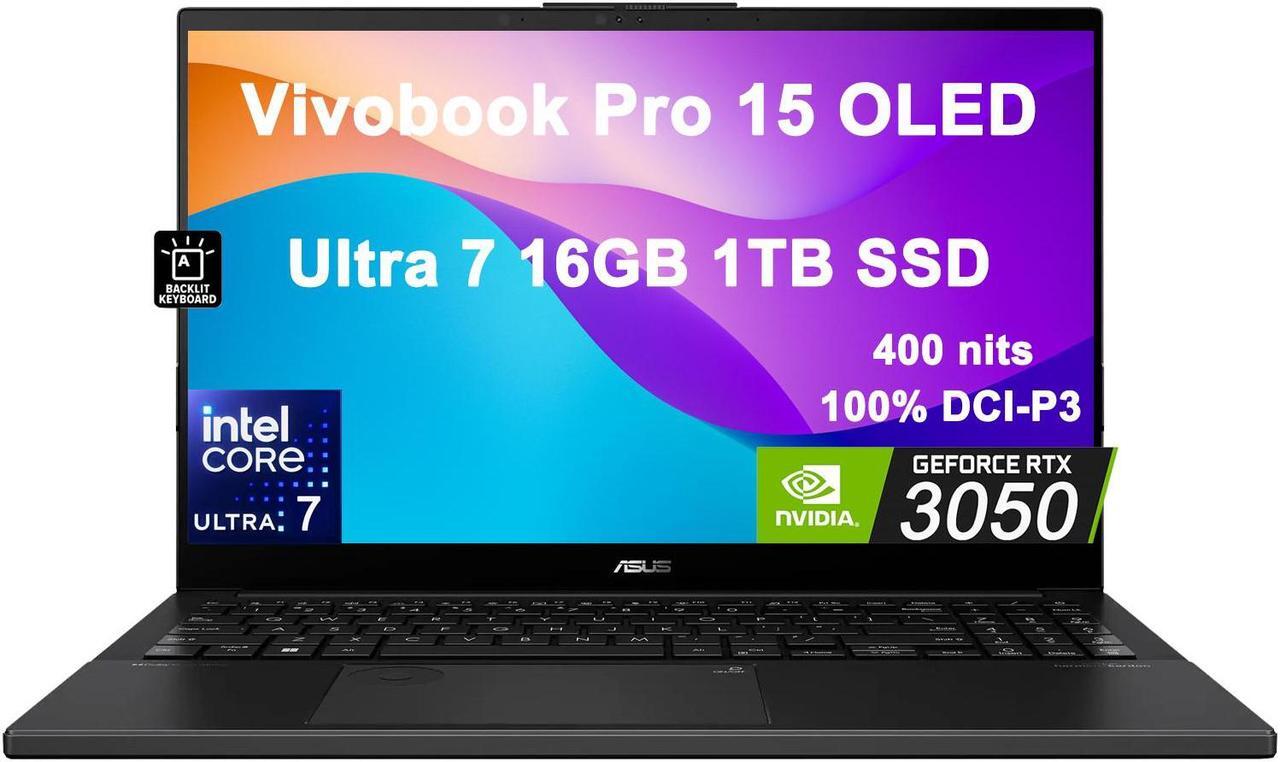 Main image of ASUS Vivobook Pro 15 OLED Creator Laptop (15.6" FHD, Intel Core Ultra 7 155H, 16GB DDR5 RAM, 1TB SSD, NVIDIA RTX3050 6GB) for Business, Gaming, Backlit KB, FHD Webcam, Wi-Fi 6E, Win 11 Pro, Gray