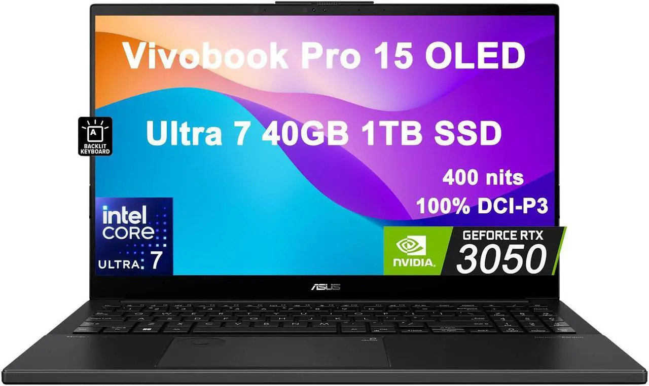 Main image of ASUS Vivobook Pro 15 OLED Creator Laptop (15.6" FHD, Intel Core Ultra 7 155H, 40GB DDR5 RAM, 1TB SSD, NVIDIA RTX3050 6GB) for Business, Gaming, Backlit KB, FHD Webcam, Wi-Fi 6E, Win 11 Pro, Gray