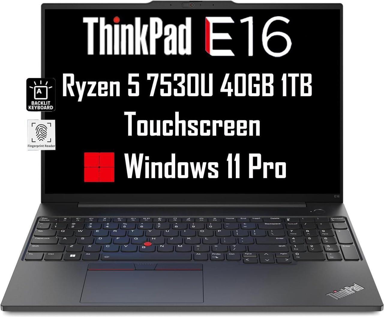 Main image of Lenovo ThinkPad E16 Business Laptop (16" FHD+ Touchscreen, AMD Ryzen 5 7530U, 40GB RAM, 1TB SSD, (8-Core Beat i7-1165G7)) Fingerprint, Backlit, FHD Webcam, WiFi 6, Ethernet, Win 11 Pro, Black