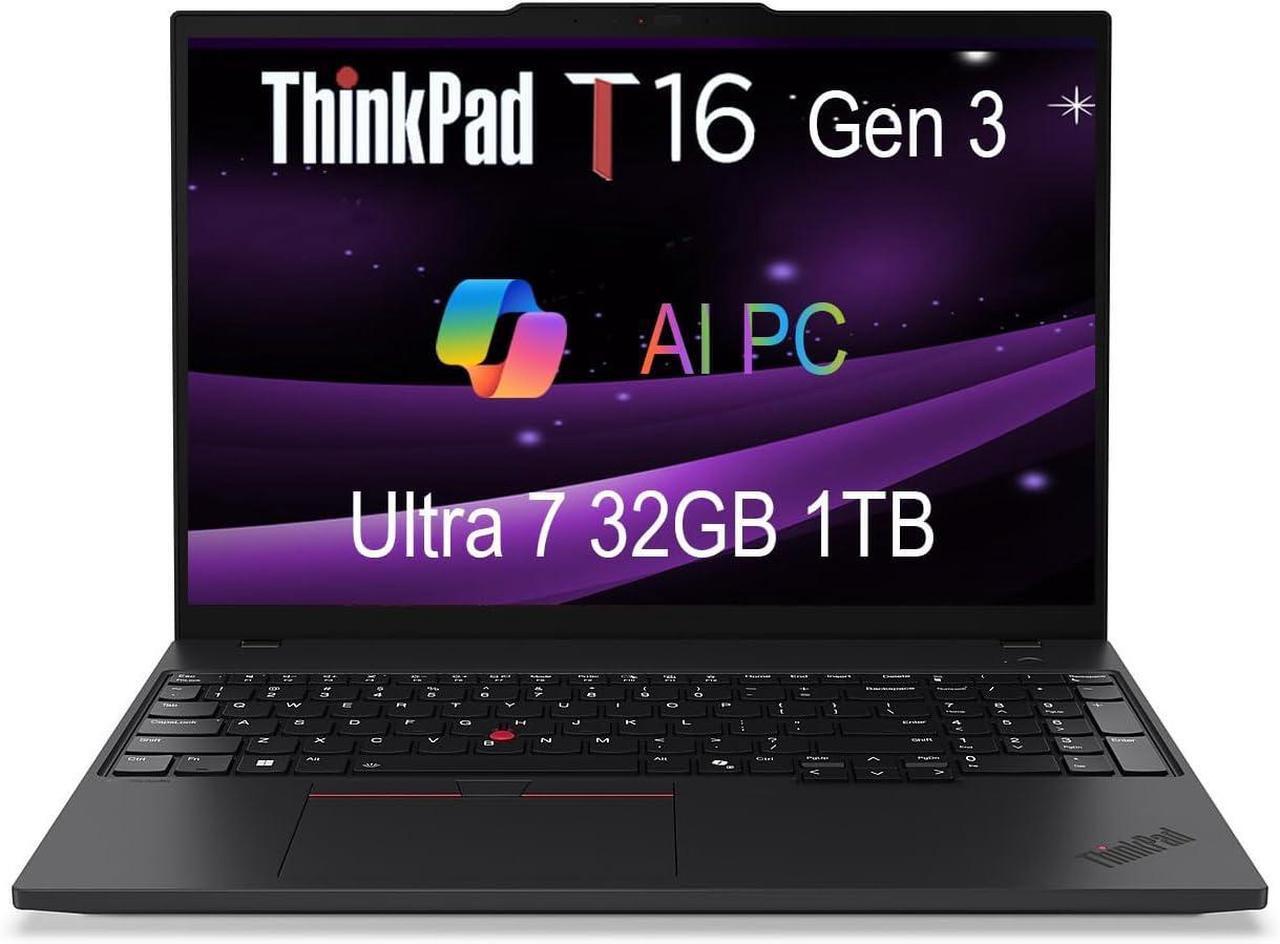 Main image of Lenovo ThinkPad T16 Gen 3 Business Laptop (16" FHD+, Intel Core Ultra 7 155U, 32GB DDR5 RAM, 1TB SSD), 5MP Webcam, Backlit, Fingerprint, Ethernet, Wi-Fi 6E, Win 11 Pro, 2025 AI PC