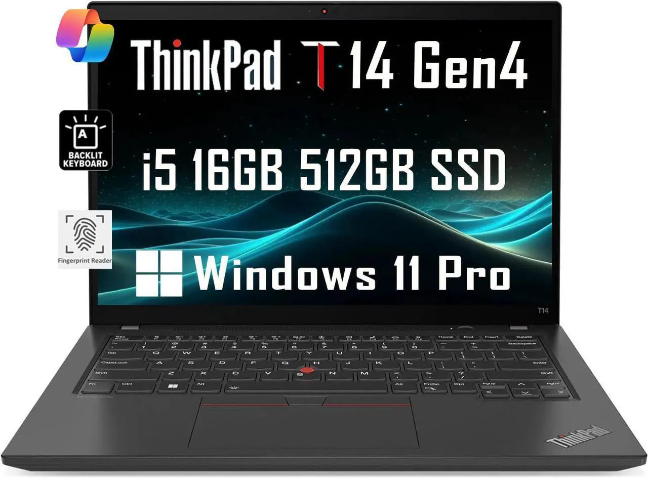 Main image of Lenovo ThinkPad T14 Gen 4 Business Laptop (14" FHD+, Intel 10-Core i5-1335U, 16GB RAM, 512GB SSD), Backlit KB, 2 x Thunderbolt 4, Wi-Fi 6E, Webcam, Fingerprint, Win 11 Pro w / Copilot, Black