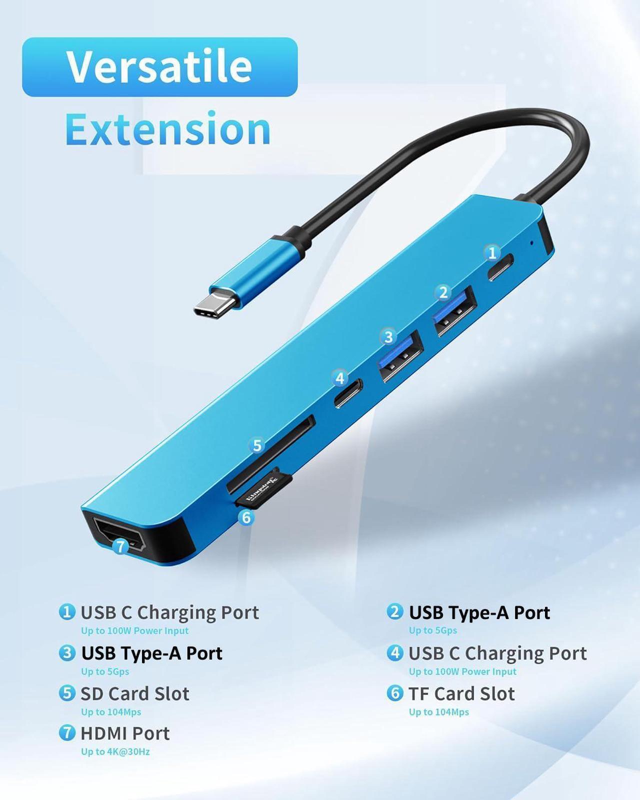 Alt view image 2 of 7 - USB-C Hub for Laptop, 7 in 1 USB-C to HDMI Splitter, USB 3.1 GEN1, USB 2.0 and Type-C Port, 4K HDMI Port, PD 100W Charging, SD Card Reader for ThinkPad, EliteBook, Latitude, Surface, MacBook Air/Pro