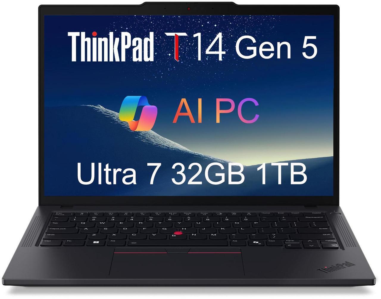 Main image of Lenovo ThinkPad T14 Gen 5 Business Laptop (14" FHD+, Intel Ultra 7 155U (>i7-13700H), 32GB DDR5 RAM, 1TB SSD), Fingerprint, Backlit, 5MP Webcam, Ethernet, Wi-Fi 6E, Win 11 Pro, 2025 AI PC, Black