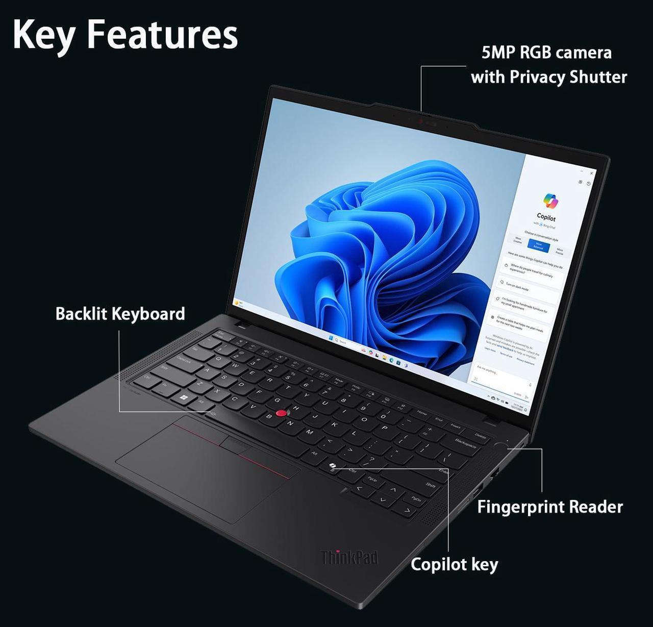 Alt view image 6 of 7 - Lenovo ThinkPad T14 Gen 5 Business Laptop (14" FHD+, Intel Ultra 7 155U (>i7-13700H), 32GB DDR5 RAM, 1TB SSD), Fingerprint, Backlit, 5MP Webcam, Ethernet, Wi-Fi 6E, Win 11 Pro, 2025 AI PC, Black
