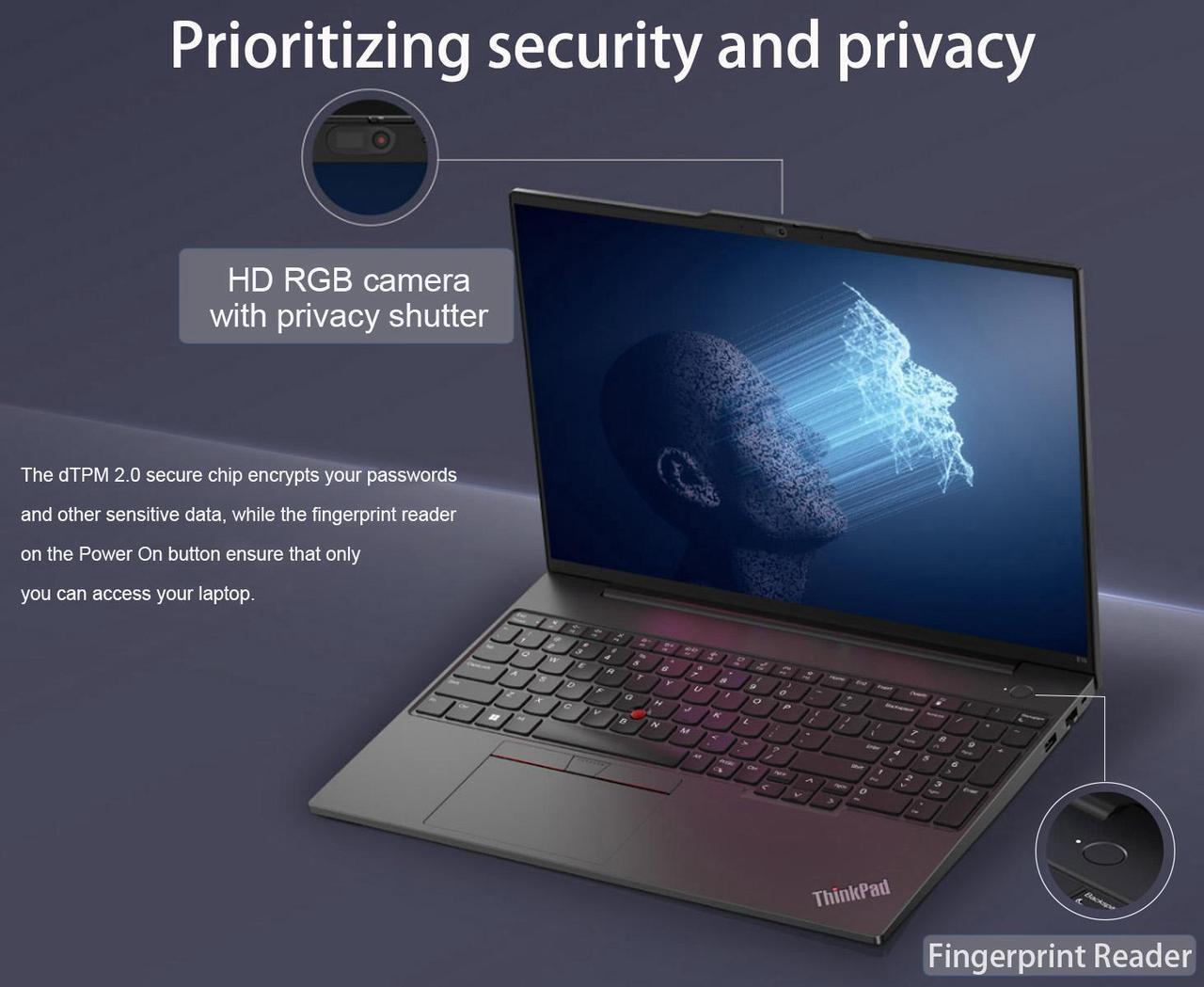 Alt view image 3 of 7 - Lenovo ThinkPad E16 Gen 2 Business Laptop (16" FHD+ Anti-glare, AMD Ryzen 5 7535U (> Intel i7-1360P), 32GB DDR5, 1TB SSD) Fingerprint, Backlit, RGB Webcam, Wi-Fi, RJ-45, Win 11 Pro w/ AI Copilot