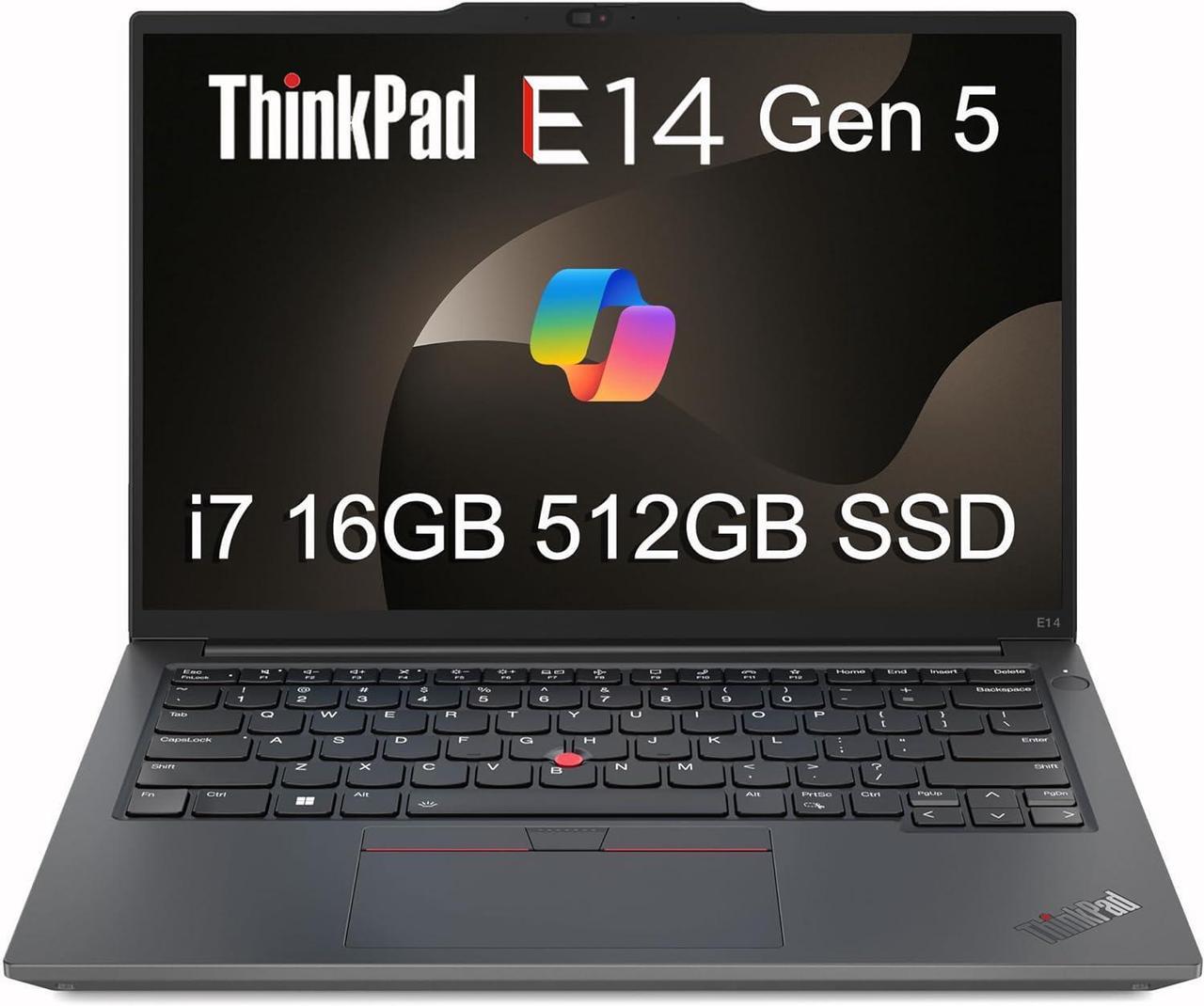 Main image of Lenovo ThinkPad E14 Gen 5 Business Laptop (14" FHD+ Anti-Glare, Intel 10-Core i7-1355U, 16GB RAM, 512GB SSD) Backlit, Fingerprint, Fast Charge, 1080p RGB Webcam, Wi-Fi 6, Win 11 Pro w/Copilot