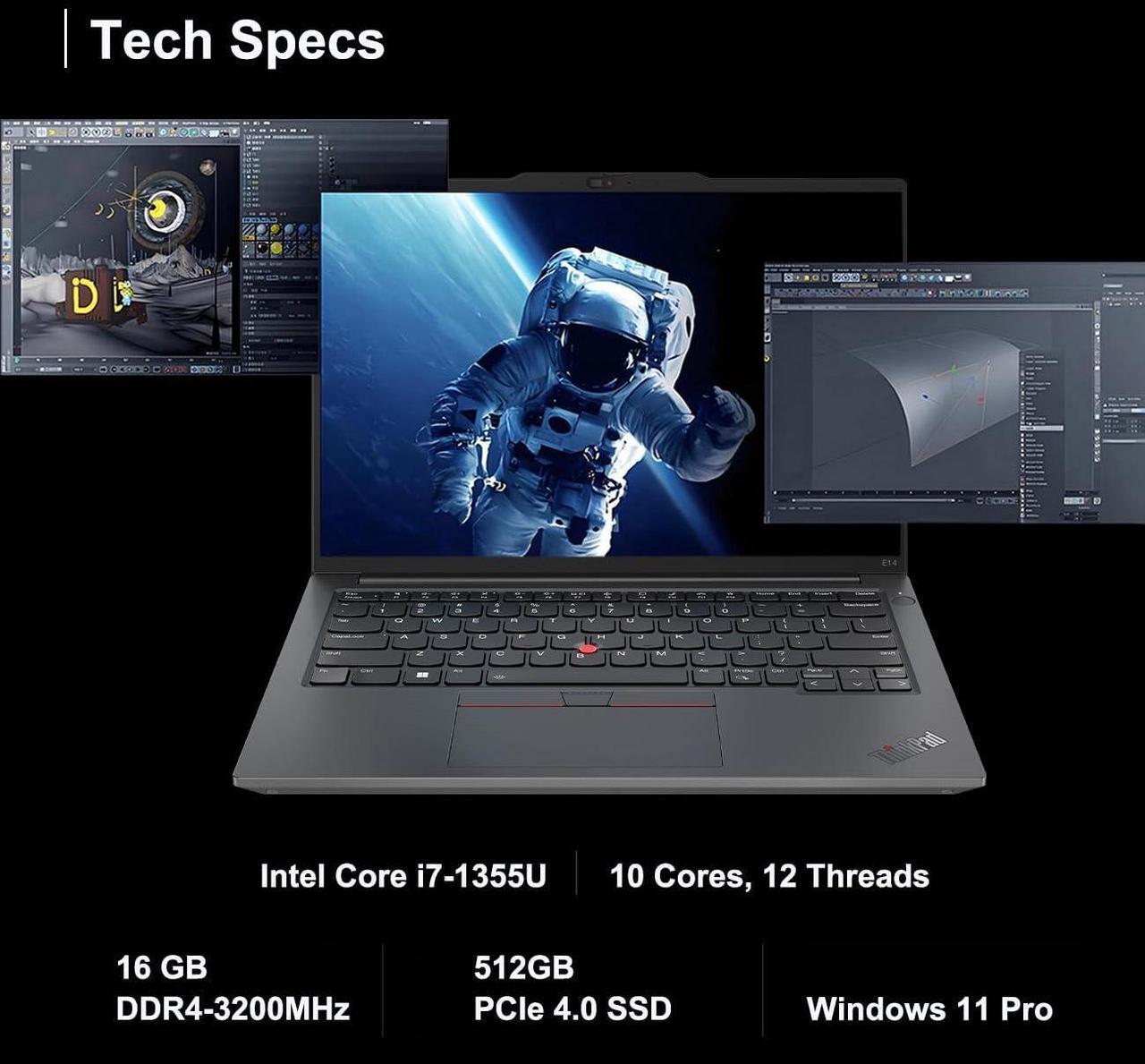 Alt view image 2 of 7 - Lenovo ThinkPad E14 Gen 5 Business Laptop (14" FHD+ Anti-Glare, Intel 10-Core i7-1355U, 16GB RAM, 512GB SSD) Backlit, Fingerprint, Fast Charge, 1080p RGB Webcam, Wi-Fi 6, Win 11 Pro w/Copilot