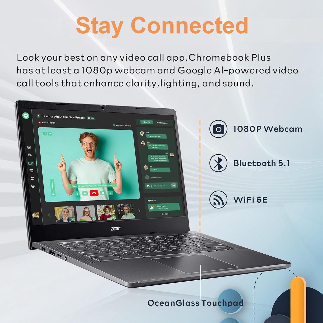Alt view image 3 of 7 - Acer Chromebook Plus 514 Laptop w/ Google AI (14" FHD Touchscreen, Intel 8-Core i3-N305, 8GB RAM, 640GB Storage, 2TB Cloud Storage) Business, Student, 11-Hr Long Battery Life, 1080p Webcam, Chrome OS