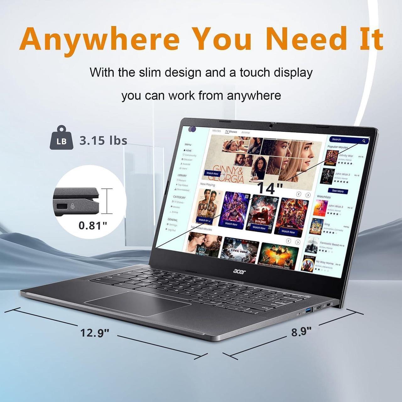 Alt view image 5 of 7 - Acer Chromebook Plus 514 Laptop w/ Google AI (14" FHD Touchscreen, Intel 8-Core i3-N305, 8GB RAM, 640GB Storage, 2TB Cloud Storage) Business, Student, 11-Hr Long Battery Life, 1080p Webcam, Chrome OS