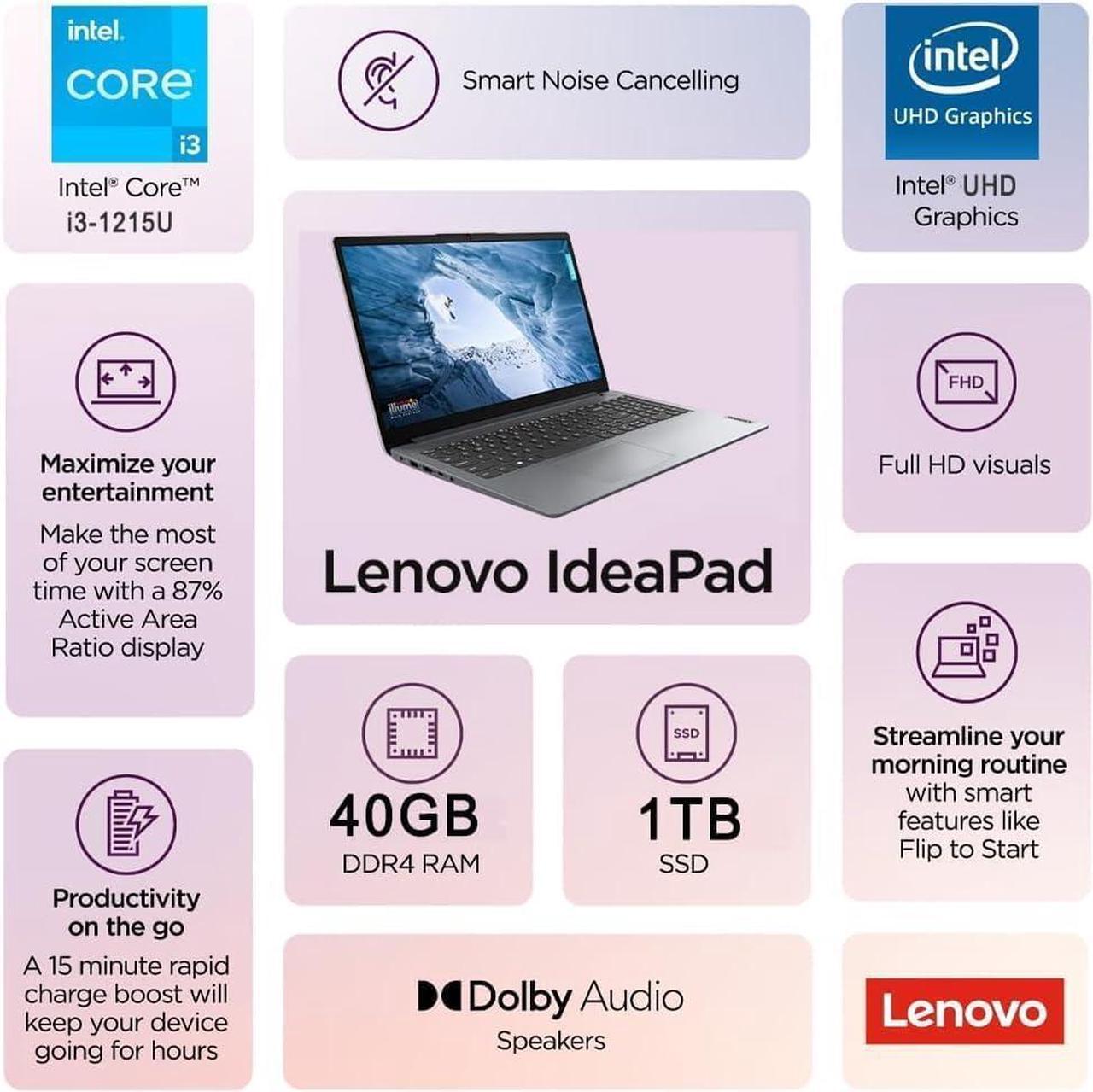 Alt view image 2 of 7 - Lenovo IdeaPad 15.6" FHD Touchscreen Laptop (40GB RAM, 1TB SSD, Intel 6-Core i3-1215U (> i5-1135G7)), Narrow Bezel, Webcam, 10-Hour Long Battery Life, Wi-Fi 6, Win 11 Home S Mode, Cloud Grey