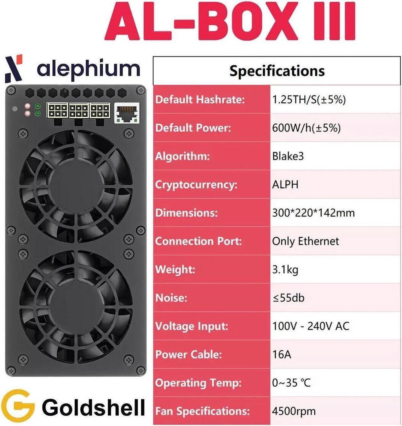 Alt view image 2 of 6 - New Goldshell AL Box 3 III 1.25TH/s 600W Alephium ALPH Miner 100-240V ASIC