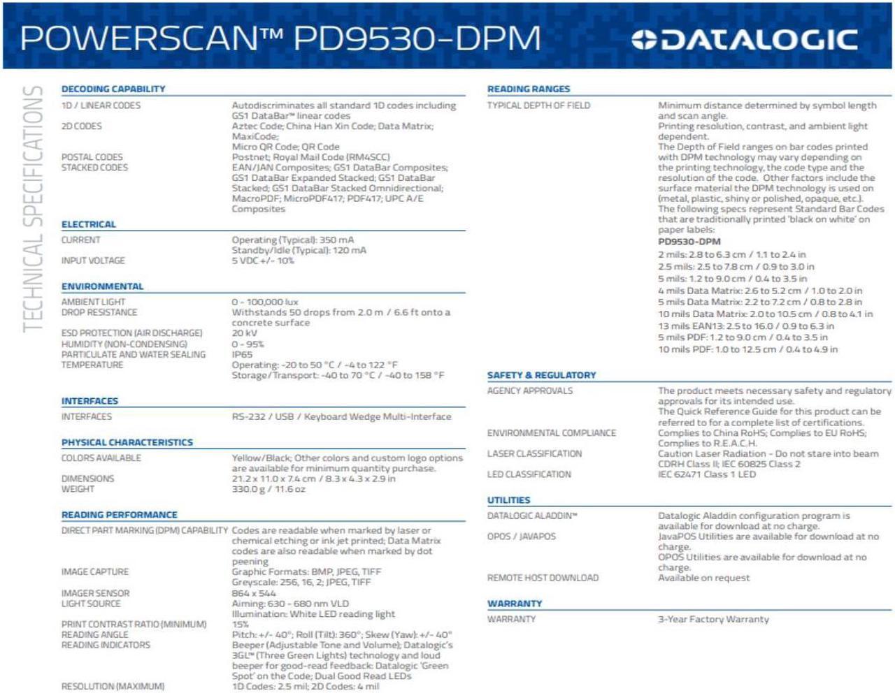 Alt view image 3 of 6 - Datalogic PD9530-DPM 2D Industrial Handheld Area Barcode Scanner USB Interface: PD9530-DPMK1