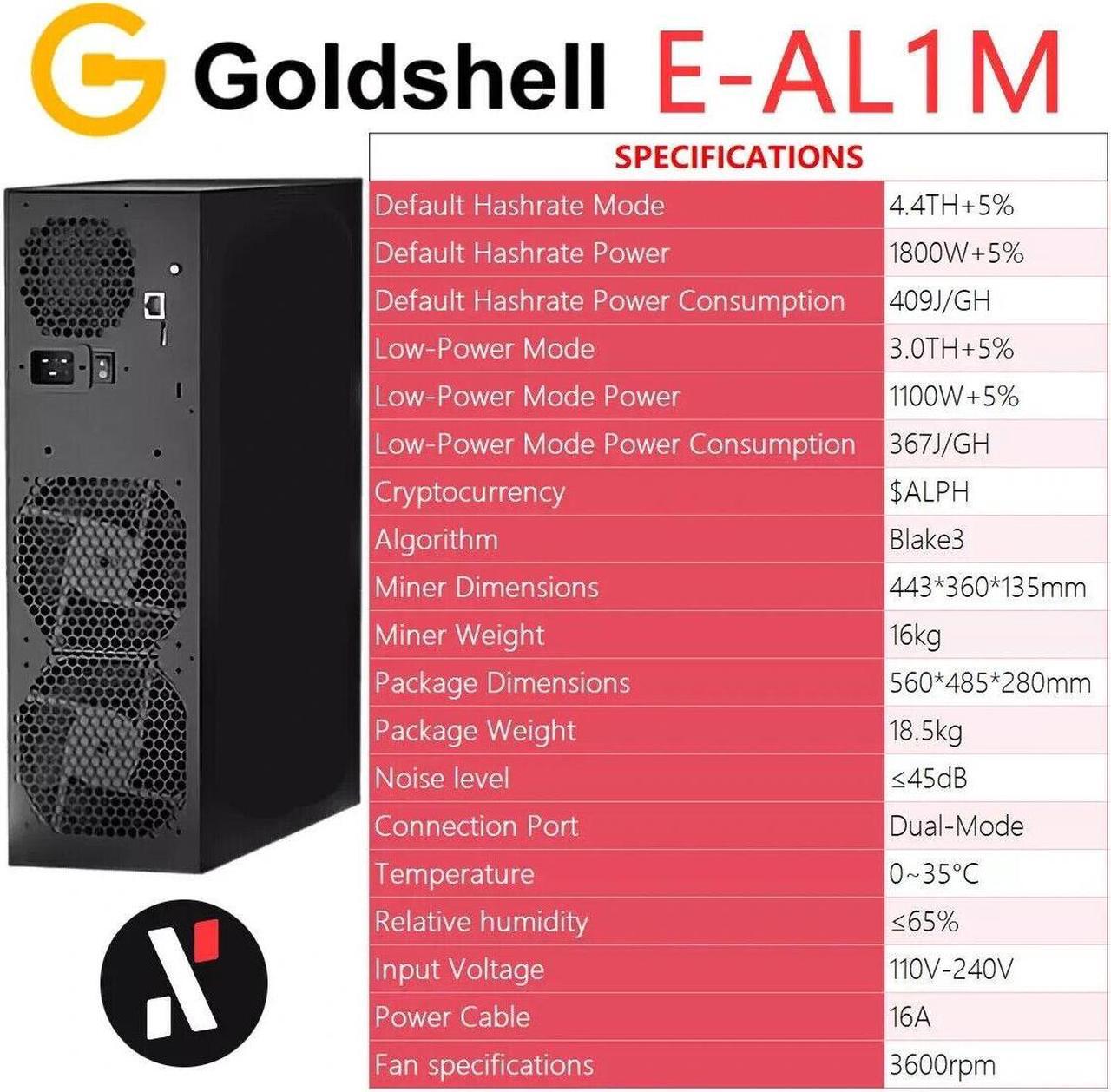 Alt view image 3 of 7 - NEW Miner Goldshell E-AL1M 4.4TH 1800W ALPH Black 3 Algorithm with PSU In Stock