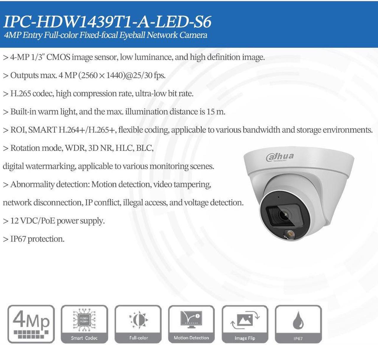 Alt view image 4 of 5 - IPC-HDW1439T1-A-LED-S6 4 MP POE Entry Full-color Fixed-focal Eyeball Network Camera Built-in MIC Motion Detection 3.6mm lens