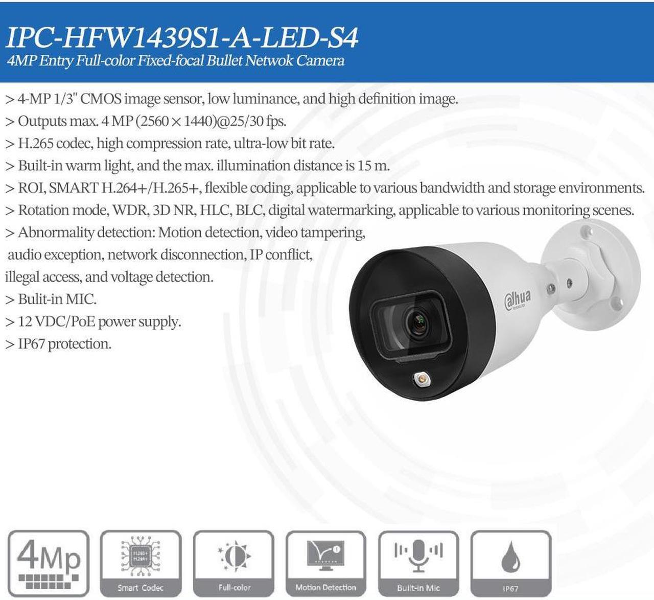 Alt view image 3 of 7 - IPC-HFW1439S1-A-LED-S4 4MP POE IP67 WDR Built-in Mic Entry Full-color Onvif H.265+ Bullet Network Camera