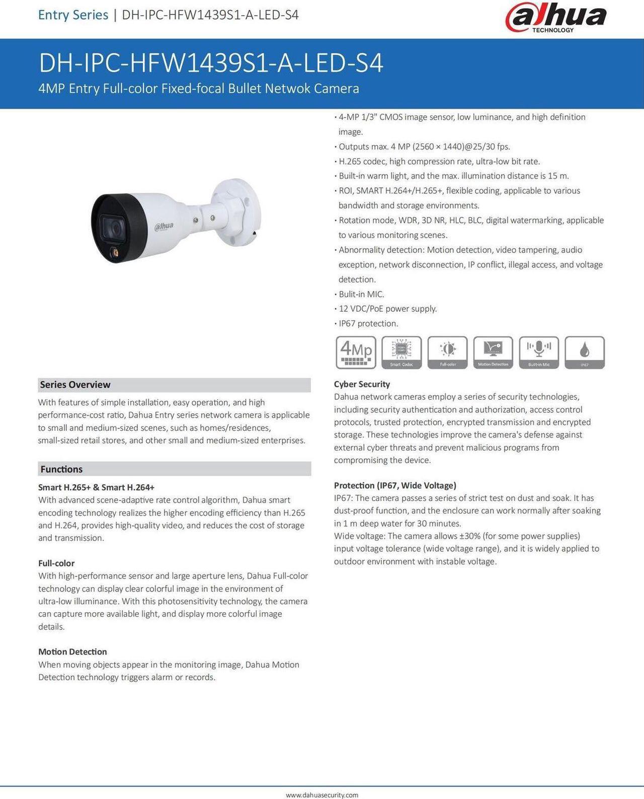 Alt view image 5 of 7 - IPC-HFW1439S1-A-LED-S4 4MP POE IP67 WDR Built-in Mic Entry Full-color Onvif H.265+ Bullet Network Camera