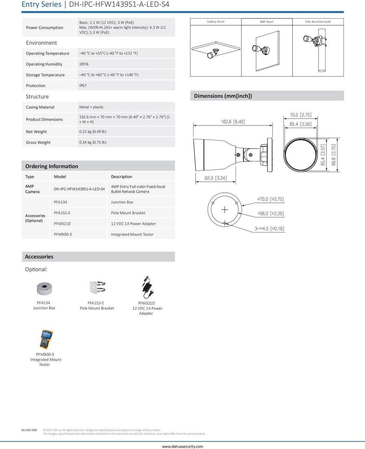 Alt view image 7 of 7 - IPC-HFW1439S1-A-LED-S4 4MP POE IP67 WDR Built-in Mic Entry Full-color Onvif H.265+ Bullet Network Camera