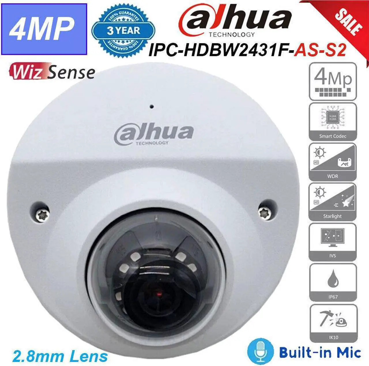 Alt view image 3 of 7 - IPC-HDBW2431F-AS-S2 Replace IPC-HDBW4431F-AS 4MP IR Mini Dome Network Built-in Mic POE Camera IP67 IK10