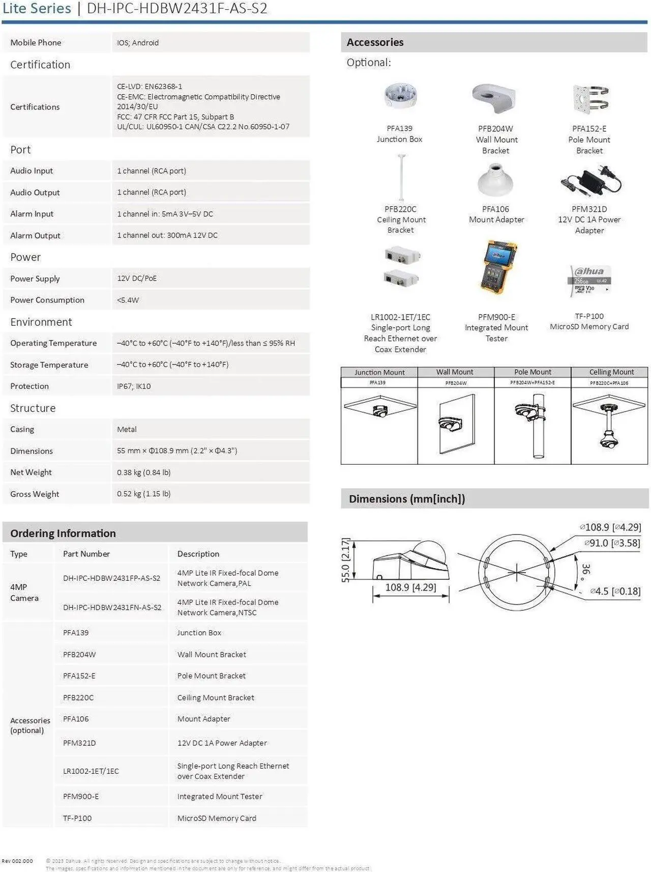 Alt view image 7 of 7 - IPC-HDBW2431F-AS-S2 Replace IPC-HDBW4431F-AS 4MP IR Mini Dome Network Built-in Mic POE Camera IP67 IK10
