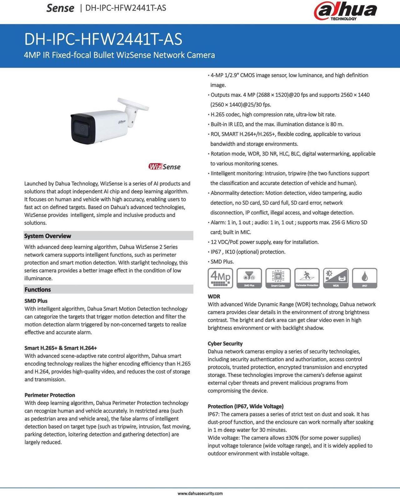 Alt view image 4 of 6 - IPC-HFW2441T-AS 4MP PoE Built-in MIC H.265+ Bullet WizSense Network Camera Black 3.6mm lens