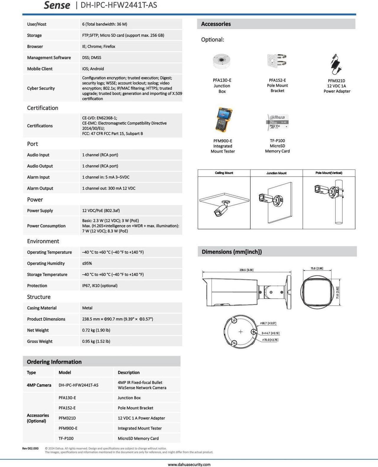 Alt view image 6 of 6 - IPC-HFW2441T-AS 4MP PoE Built-in MIC H.265+ Bullet WizSense Network Camera Black 3.6mm lens