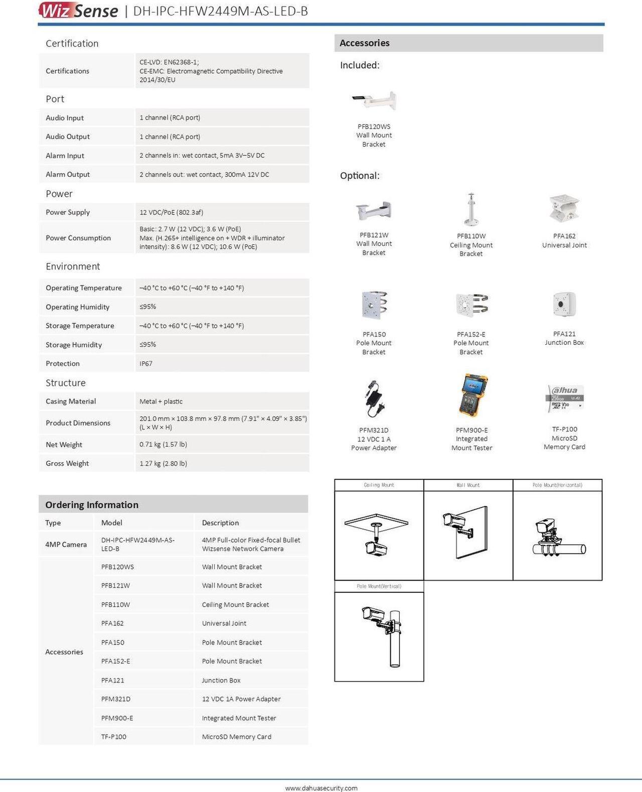Alt view image 6 of 6 - IPC-HFW2449M-AS-LED-B 4MP built-in Mic POE IP67 Built-in warm light 50meter Full color SMD Wizsense AI IP Camera