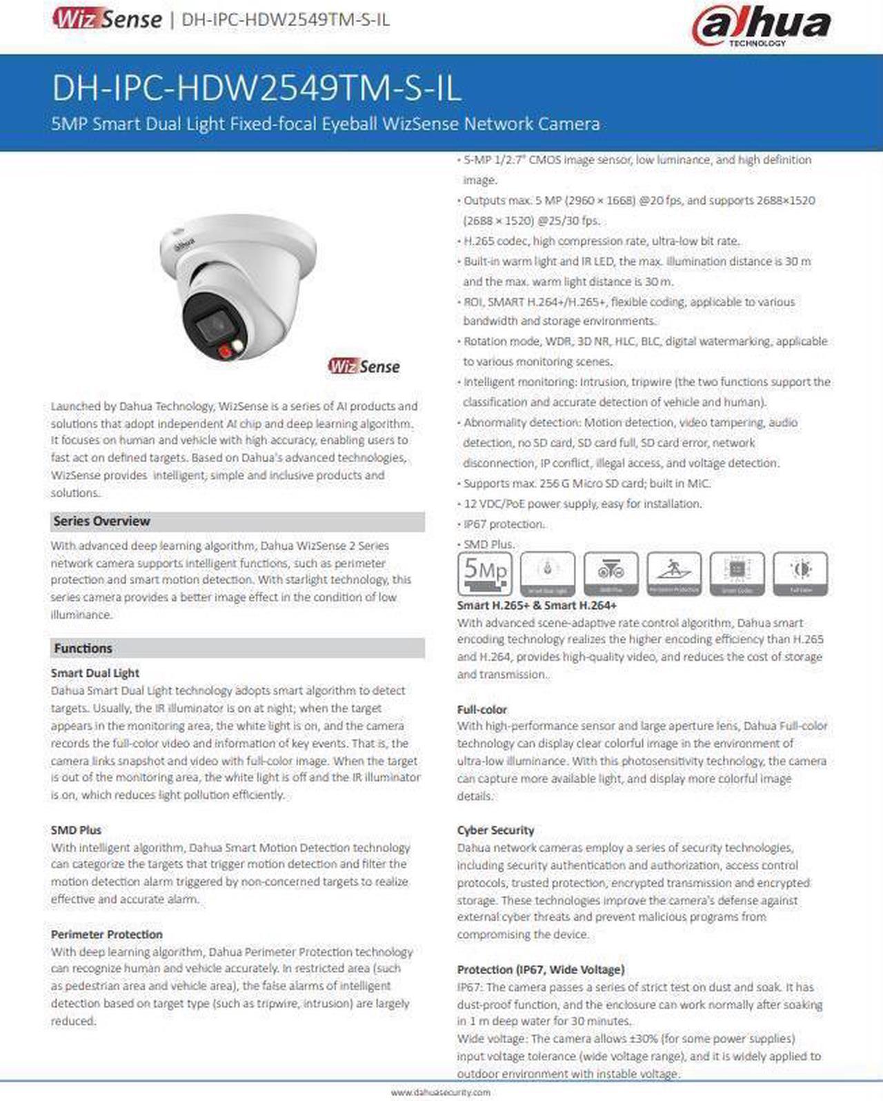 Alt view image 4 of 6 - 5MP Full Color IR Smart Dual Light IP Camera WizSense IPC-HDW2549TM-S-IL
