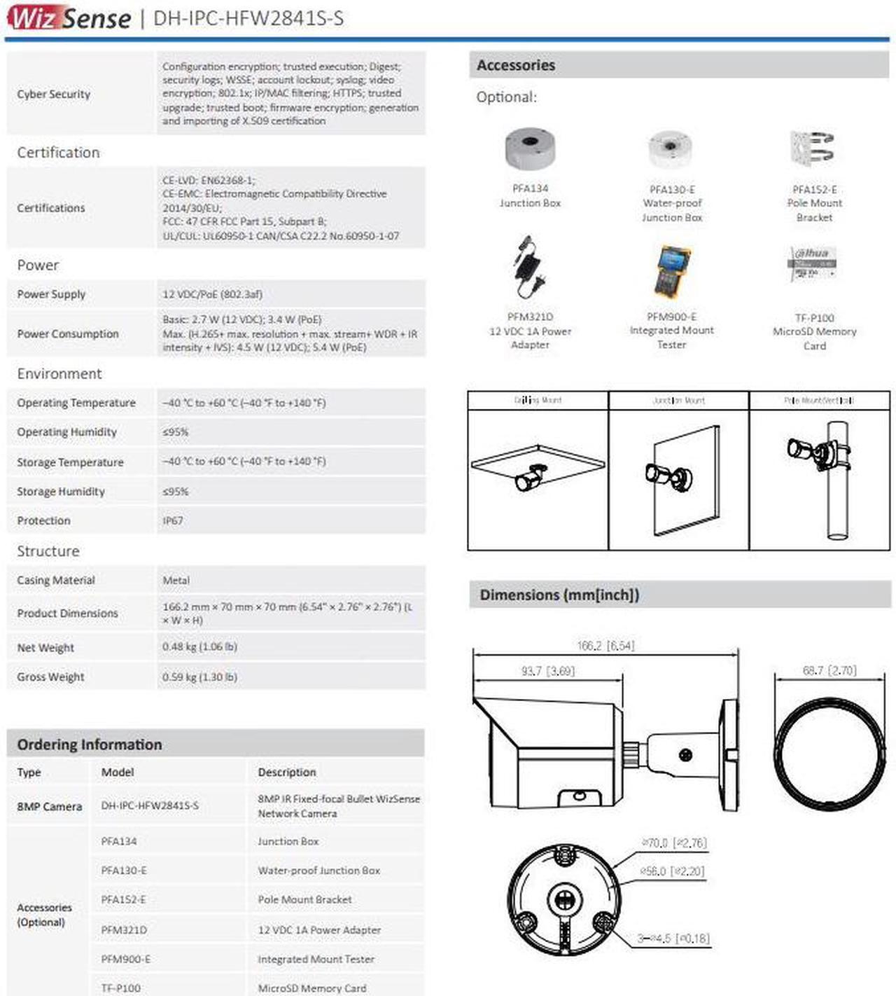 Alt view image 6 of 6 - Wizsense Starlight IPC-HFW2841S-S 4K 8MP Bullet IP Camera Built in Audio